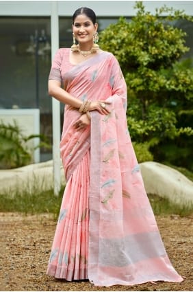 Peach Embroidered Linen Saree SR29395