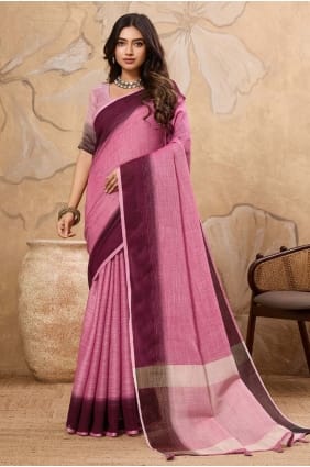 Rani pink Embroidered Linen Saree SR29238