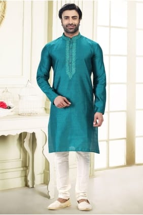 Embroidered Jacquard Men Kurta in Blue KURR612