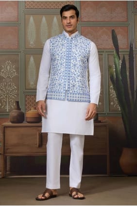 Embroidered Silk Men Kurta in White with Dupatta KURR606
