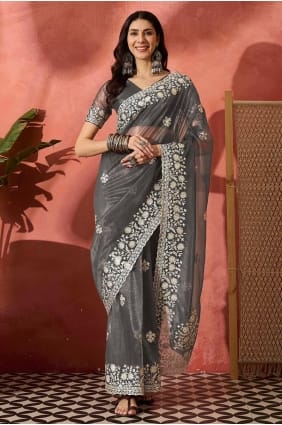 Grey Embroidered Party Wear Saree in Net SR29312