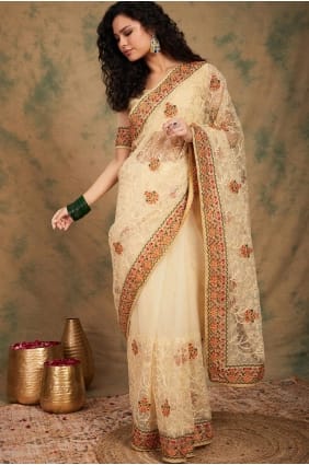Beige Embroidered Net Saree SR29279