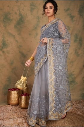 Saree in Grey Net with Embroidered SR29278