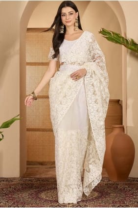 Net White Saree in Embroidered SR29265