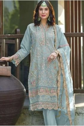 Embroidered Organza Salwar Kameez in Sky blue  SK155152