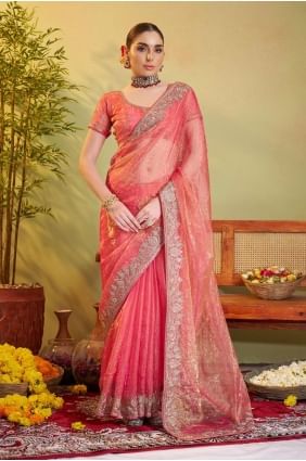 Embroidered Organza Saree in Peach  with Blouse SR28237