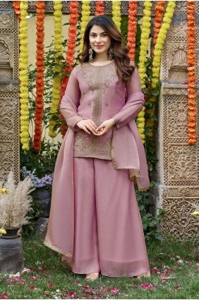 Embroidered Satin Palazzo Suit in Pink PZ4533