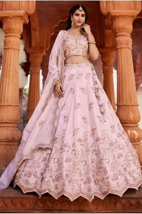 Embroidered Party Lehenga Choli in Coral  Tissue LC8354