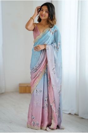 Sky Peach Embroidered Printed Chiffon Saree SR29873