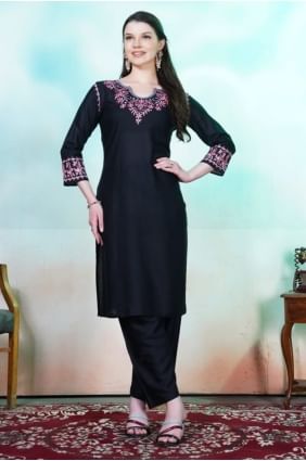 Embroidered Rayon Palazzo Kurti in Black with Dupatta KTI2672