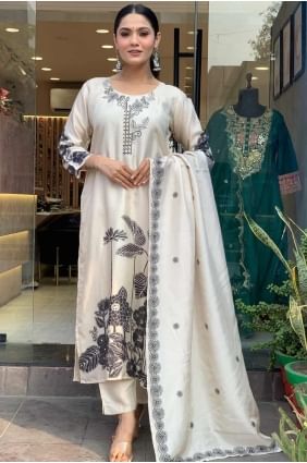 Embroidered Rayon Straight Suit in Off white  with Dupatta SK155318