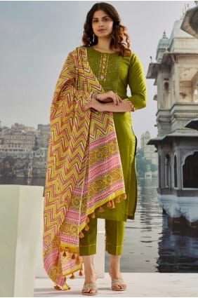 Mahendi Salwar Kameez with Embroidered Muslin SK155869