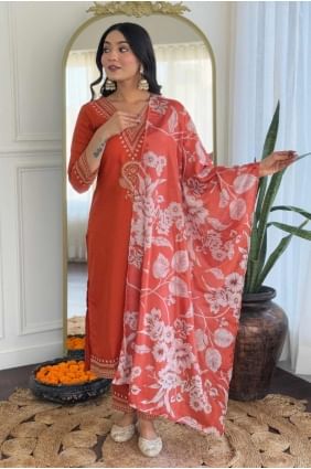 Embroidered Salwar Kameez in Orange Viscose SK155363