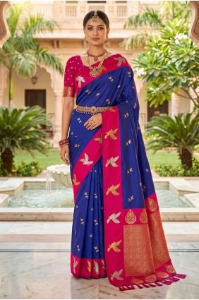 Saree in Blue Silk with Embroidered SR30208