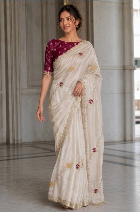 Cream Saree with Embroidered Satin SR30230