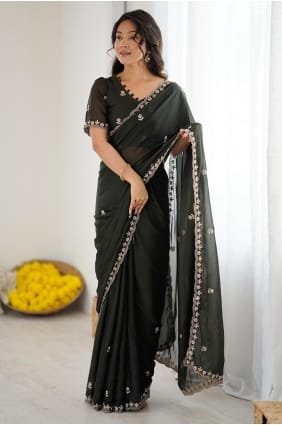 Georgette Saree in Dark mehendi with Embroidered SR29587