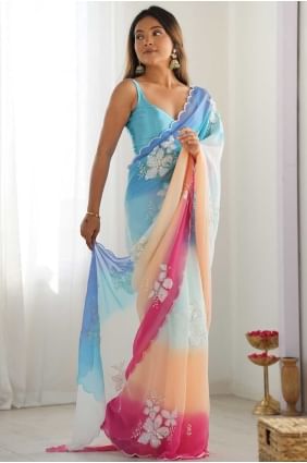 Georgette Embroidered Sky blue Saree with Blouse SR28698