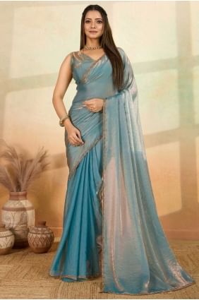 Embroidered Satin Saree in Sky blue SR28703