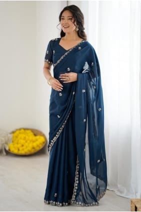 Teal Georgette Saree with Embroidered SR29588