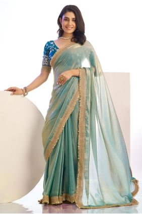 Satin Embroidered Aqua Saree with Blouse SR29765