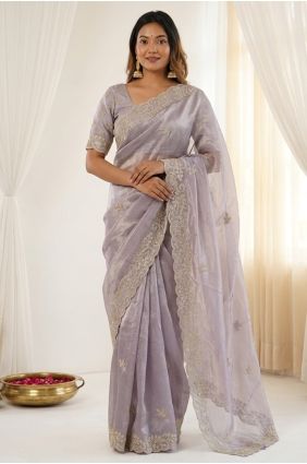 Lavender Saree in Satin with Embroidered SR30144