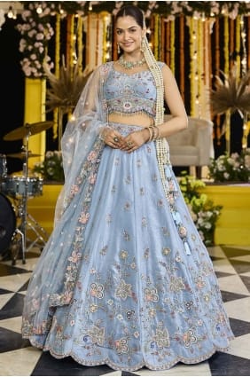 Satin Sky blue Lehenga Choli in Embroidered LC8746