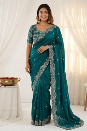 Embroidered Satin Party Wear Saree in Rama green SR30105