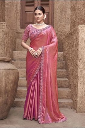 Embroidered Satin Saree in Gajari  SR28048
