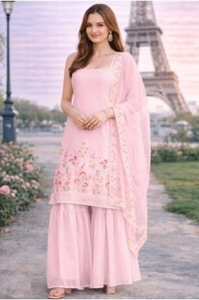 Embroidered Georgette Sharara Suit in Light pink with Dupatta SS1314