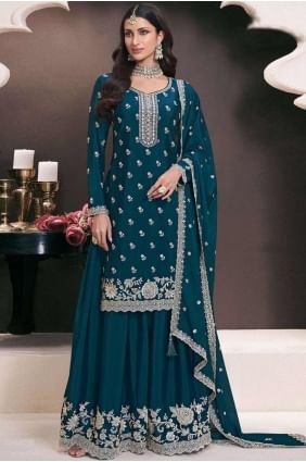 Embroidered Sharara Suit in Teal blue  Chiffon SS1252