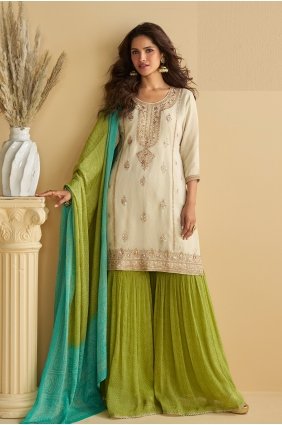 Embroidered Chinon chiffon Sharara Suit in White SS1403