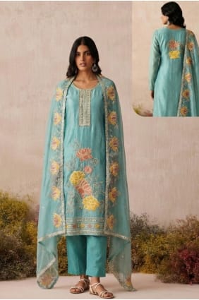 Embroidered Shimmer Sky blue Salwar Kameez with Dupatta SK156053