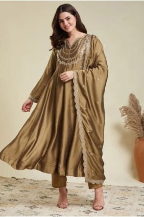 Light brown Embroidered Anarkali Suit in Silk AS4233
