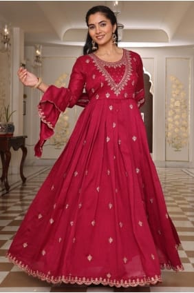 Silk Eid Anarkali Suit with Embroidered in Pink AS4166