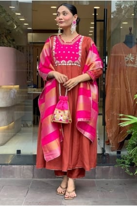 Rust Silk Embroidered Eid Anarkali Suit with Dupatta AS4184