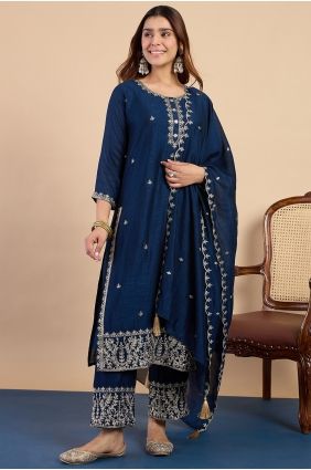 Palazzo Kurti in Blue Silk with Embroidered PZ4496