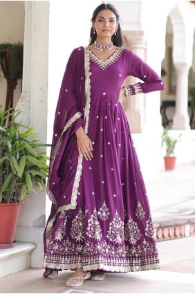 Silk Gown Dress in Magenta with Embroidered GW1219