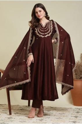 Maroon Embroidered Anarkali Suit in Silk AS4235