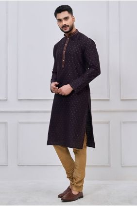 Silk Dark purple Men Kurta in Embroidered KURR262