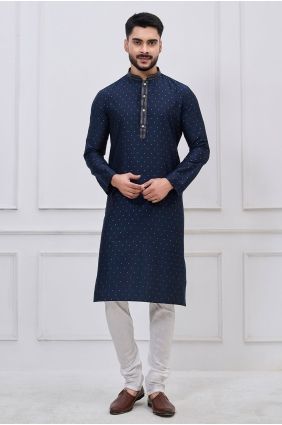 Navy blue Silk Embroidered Men Kurta with Dupatta KURR260