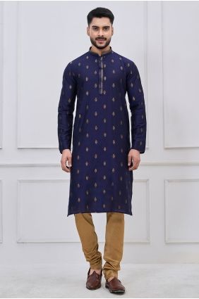 Silk Navy blue Men Kurta in Embroidered KURR264