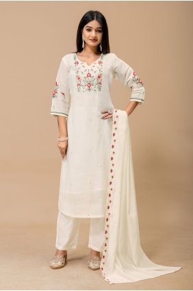 Silk Straight Pant Suit with Embroidered in Off white SK159204