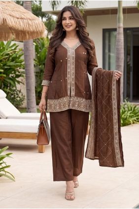 Coffee Silk Embroidered Palazzo Suit with Dupatta PZ4461