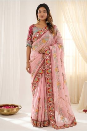 Embroidered Silk Baby pink Party Wear Saree with Blouse SR30113