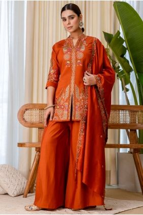 Patiala Suit in Rust Silk with Embroidered PZ4494