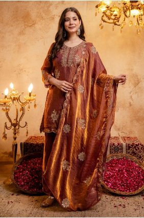 Rust Patiala Suit in Silk with Embroidered PZ4572