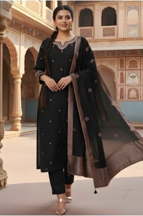 Black Embroidered Eid Salwar Kameez in Silk SK155949