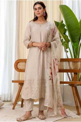 Cream Silk Embroidered Salwar Kameez with Dupatta SK156058