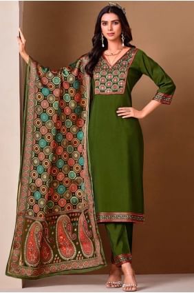 Embroidered Silk Salwar Kameez in Mahendi with Dupatta SK155801