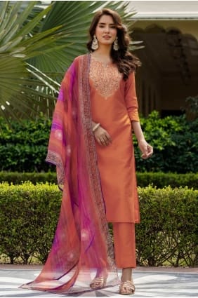 Silk Orange Salwar Kameez in Embroidered SK155854